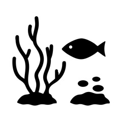 Black silhouette vector illustration of a fish, sea plants, and small rocks, isolated on a white background.