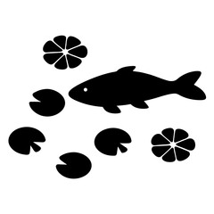 Simple vector illustration featuring a black fish, lily pads, and citrus fruit slices