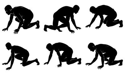 Six Black Silhouettes of People Performing Bear Crawl Exercise on White Background fitness workout
