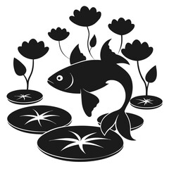 Stylized black silhouette vector art of a goldfish swimming amidst water lilies and blooming flowers