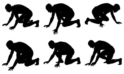 Six Black Silhouettes of People Crawling on White Background