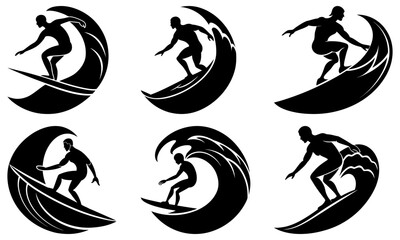 Surfers Riding Waves Silhouette Set on White Background surfing ocean