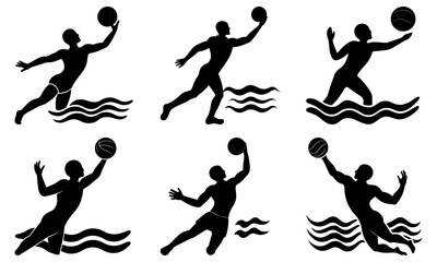 Water Polo Players Silhouettes with Balls on White Background black