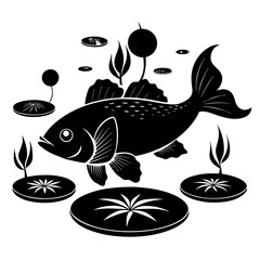 Black and white vector illustration of a fish swimming among serene water lilies and aquatic 