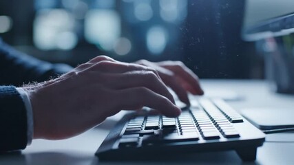 Close-up of hands typing quickly on a computer keyboard, focusing on technology and work - Powered by Adobe