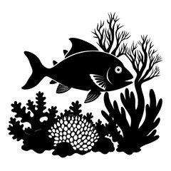 Monochromatic vector illustration of a fish navigating an underwater coral reef environment