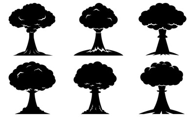 Six Black Tree Silhouettes on White Background