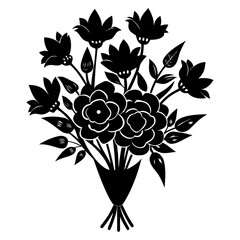 Stylized black and white vector graphic of a floral bouquet with various blossoms and leaves