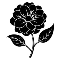 Simple black and white vector illustration of a stylized flower with two leaves and a stem 