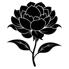 Elegant black silhouette flower with detailed petals and leaves vector illustration on white background