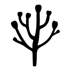 Black abstract branching plant silhouette with rounded bud-like tips isolated on a white background as vector art.