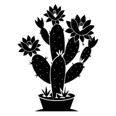 Black silhouette potted cactus plant with multiple arms and blooming flowers in a simple flat vector 