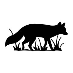 Black fox silhouette walking through grass, a simple isolated vector illustration 