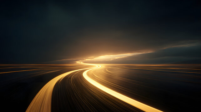 Golden light path abstract motion curved road long exposure glowing trail sunset sky