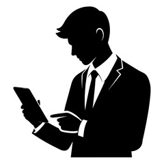 Modern black and white silhouette of a professional man in a suit interacting with a digital tablet