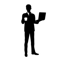 A black silhouette vector illustration of a man holding a coffee cup and a laptop on a white background, 