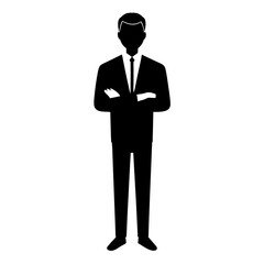 A minimalist black and white vector silhouette of a standing businessman figure with crossed arms and a tie
