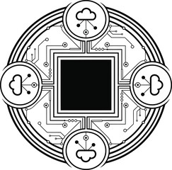Obraz premium Abstract digital network hub with cloud connections, circuitry, and central processing unit