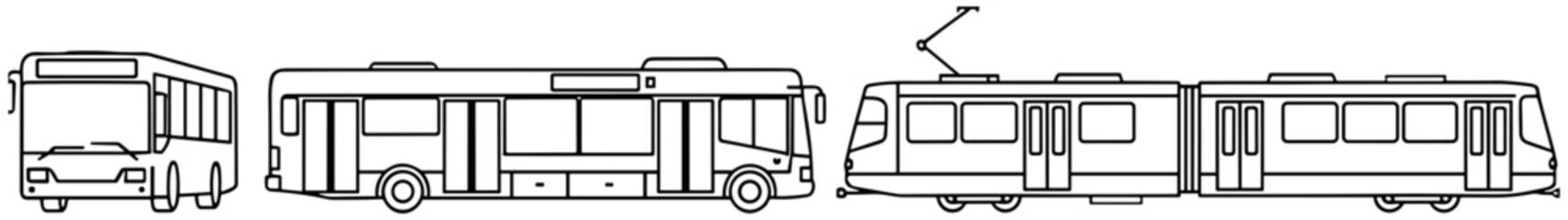 Set of public transportation vehicle line art illustrations featuring modern city bus and electric tram for urban commuting and transit design © Shopna