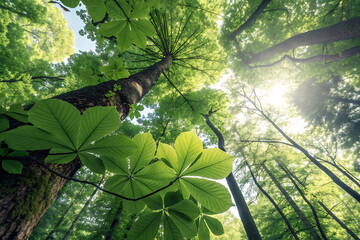 Lush green maple leaves and ivy foliage bask in the bright summer sun rays filtering through the fresh forest trees and garden plants on a clear day