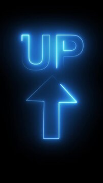 Abstract Neon Blue Symbol with Upward Arrow on Black Background light. up arrows icon animation road signal sign help information upward arrows traffic sign roadside sign symbol in futuristic digital.