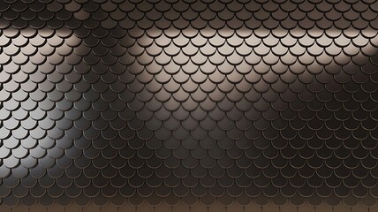 Dark metallic fish scale pattern texture background with dramatic overhead lighting creating depth and shadow effects