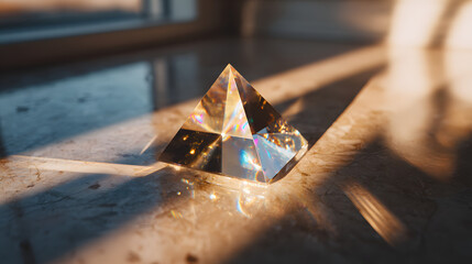 Crystal prism refracting golden light glass pyramid on marble surface creating rainbow reflections and warm atmosphere