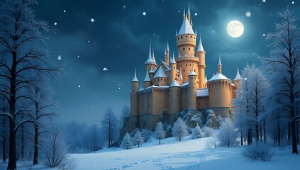 Magic Castle in a winter wonderland. Fantasy snowy landscape in night