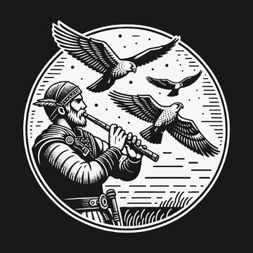 Viking musician playing a flute for flying eagles in a circular emblem.