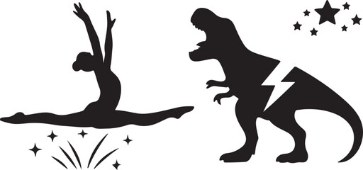 A silhouette of a gymnast and a dinosaur with sparkling star effects