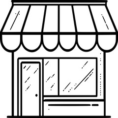Shopfront Icon: A minimalist line drawing captures a quaint shopfront. Featuring a striped awning, a glass display window, and an inviting entrance, symbolizing a place of commerce and community.