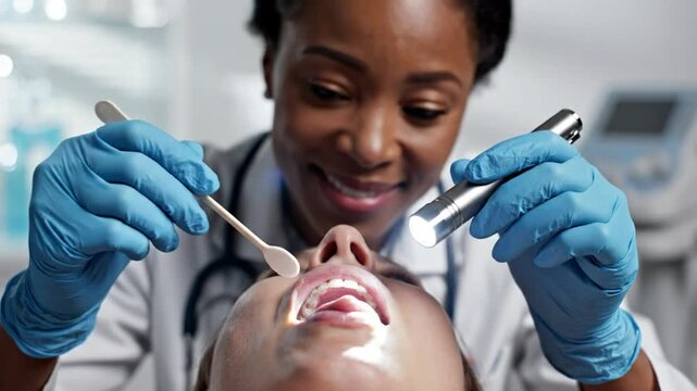 Dental examination with patient in dentist&acirc;&euro;TMs chair with doctor checking teeth in a medical office