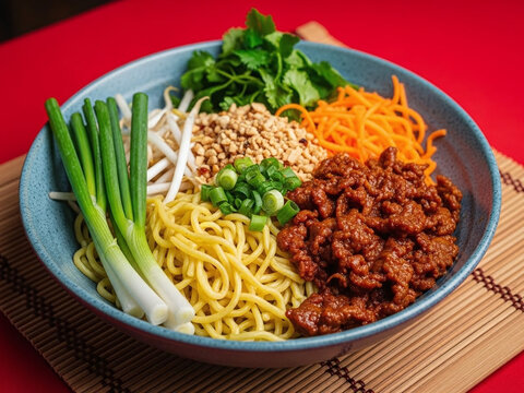 Delicious bowl of noodles with vegetables and meat on a bamboo mat