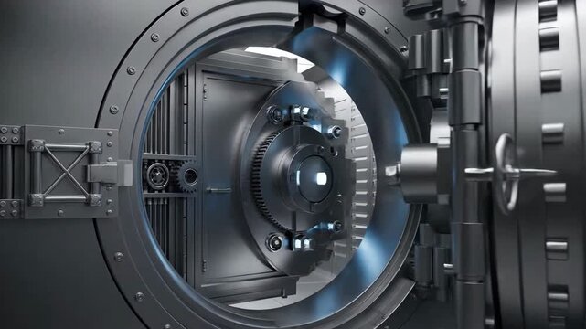 Massive steel vault door with intricate locking mechanism in a secure facility.