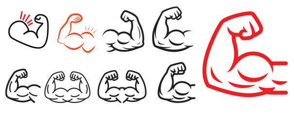 Collection of diverse flexed arm and bicep icons symbolizing strength, power, and fitness