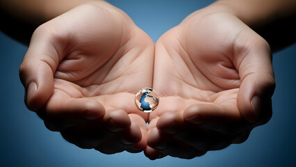 A person holds a small globe in their cupped hands against a blue background.