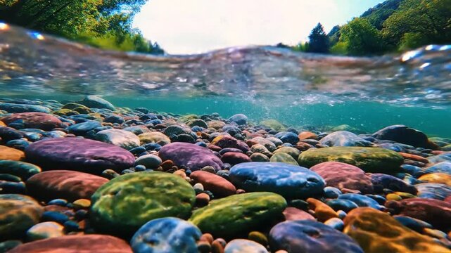 Underwater view of colorful river rocks and clear flowing water with green trees on the bank.