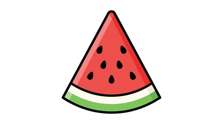 A stylized illustration of a triangular slice of watermelon with black seeds and a green rind.