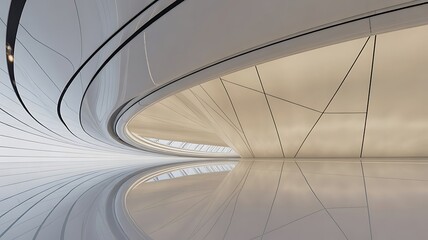 Abstract futuristic interior architecture with sweeping curved lines and highly reflective glossy floor creating dynamic perspective
