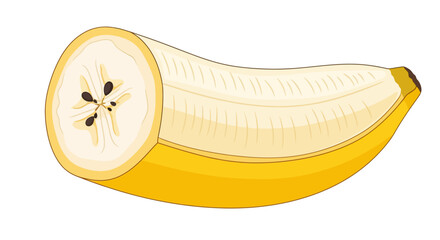 A close-up illustration of a peeled banana, showing its creamy white flesh and black seeds in a cross-section.