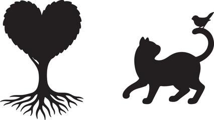 A silhouette of a heart shaped tree with a cat and bird nearby