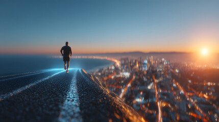 Silhouette runner sprinting toward bright horizon at sunset on elevated road overlooking illuminated cityscape, dynamic inspirational motion