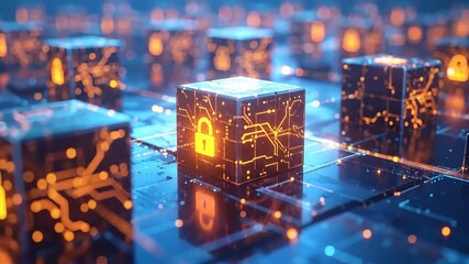 Abstract digital security concept with glowing padlock on a circuit board-like cube. - Powered by Adobe