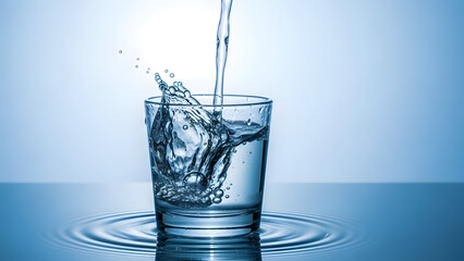 Water pouring into a clear glass on a blue surface with ripples