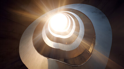 Spiral staircase ascending into radiant light, sun flare, concrete railing, curved architecture, interior
