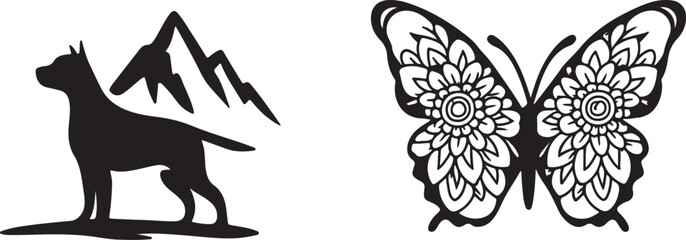 Silhouette of a dog with mountains and an ornate butterfly design © Razuwana