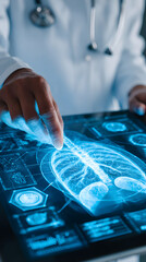 Doctor examining digital chest scan on tablet with illuminated lungs and spine, futuristic medical imaging and diagnostic touchscreen interaction