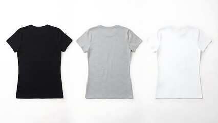 Three basic t-shirts in black, gray, and white