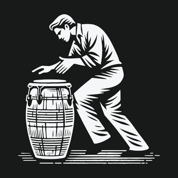 Monochrome graphic illustration of a musician playing the conga drum.