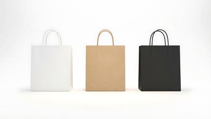 Three shopping bags in white, brown, and black